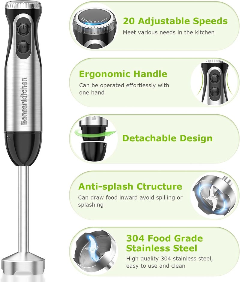 Bonsenkitchen Immersion Handheld Blender with Whisk, 20-Speed & Turbo Mode Hand Blender Stick 500W, 304 Stainless Steel Hand Blender for Soup, Smoothie, Puree, Baby Food - Image 2
